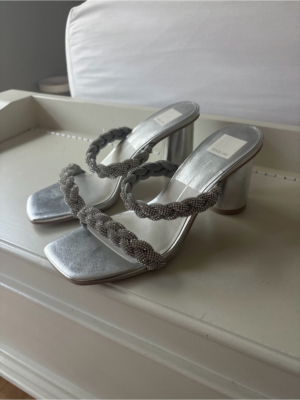 Dolce Vita Silver Braided Bead Strap Block Heels Wedding Guest Formal Prom - Picture 2 of 3